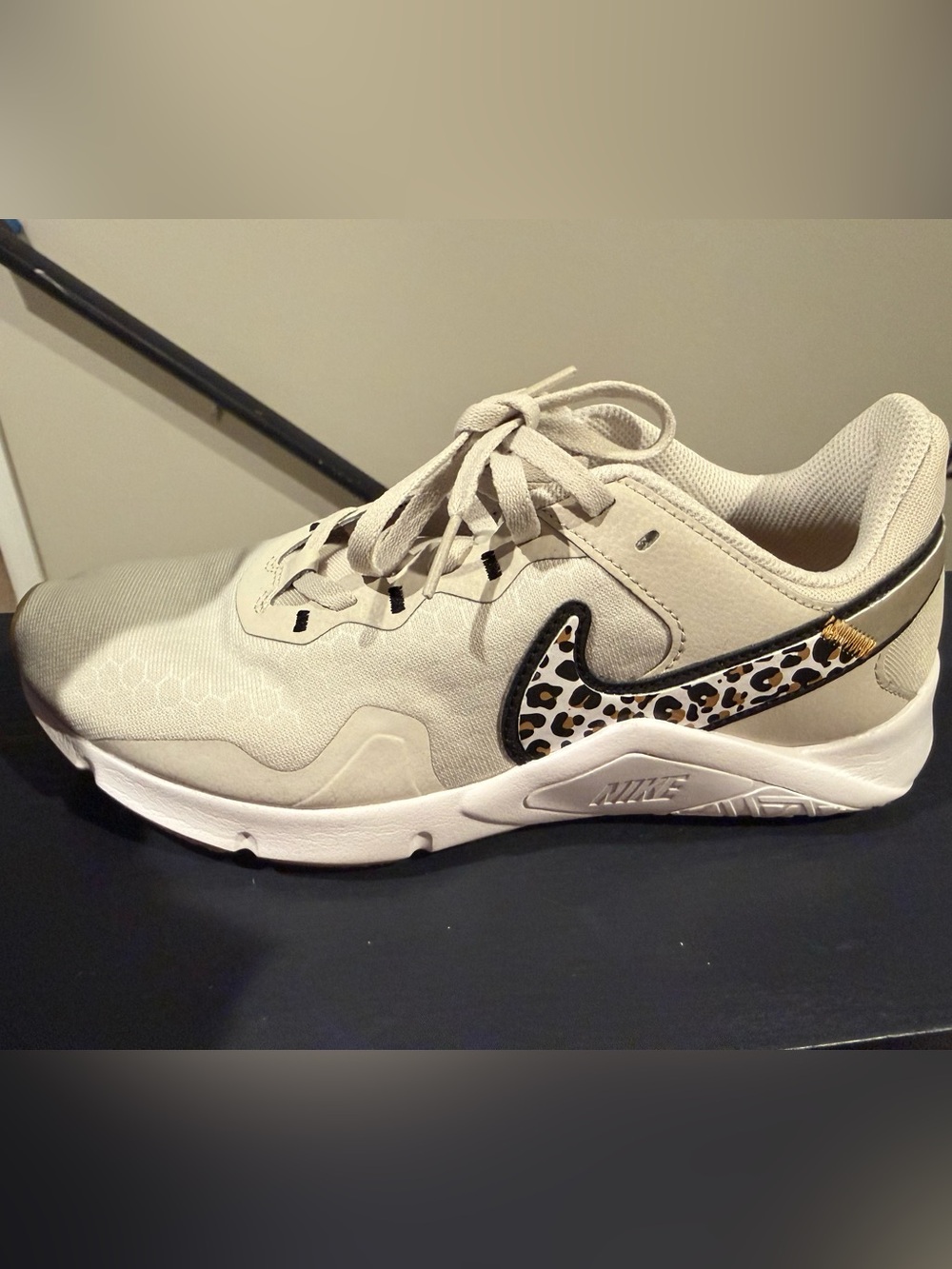 Nike Women Cream Sneaker with Leopard-Print Swoosh
